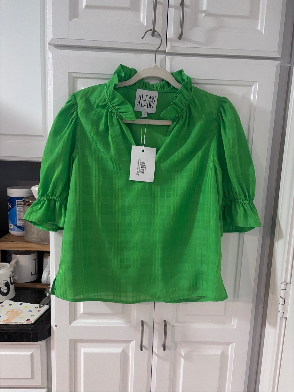 Alden Adair Vivid Green Ruffle-Neck Puff Sleeve Blouse
